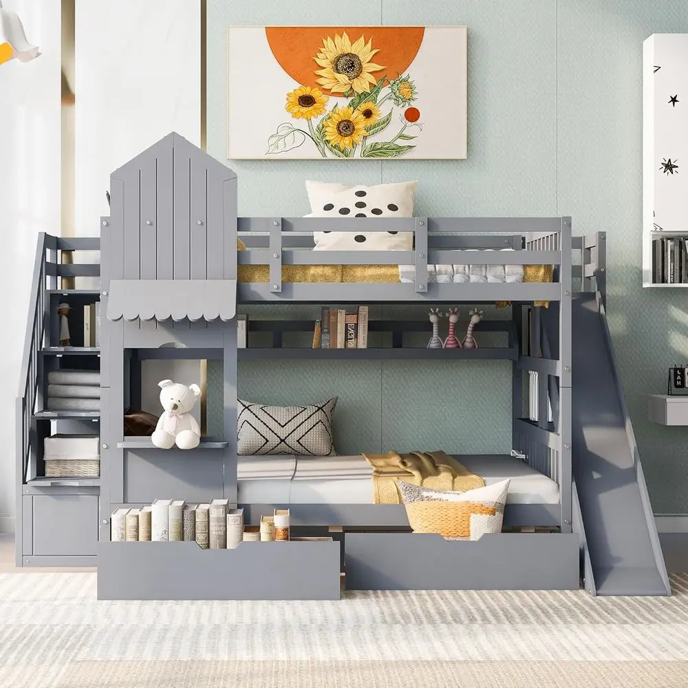 Bunk Bed With Stairs And Slide - Двухъярусная кровать размера Full-Size с лестницей,