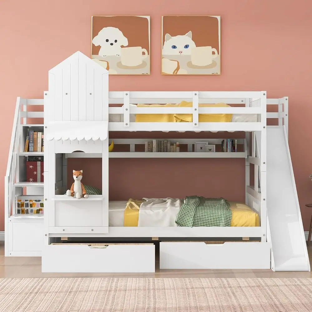 Bunk Bed With Stairs And Slide - Белая детская двухъярусная кровать с горкой
